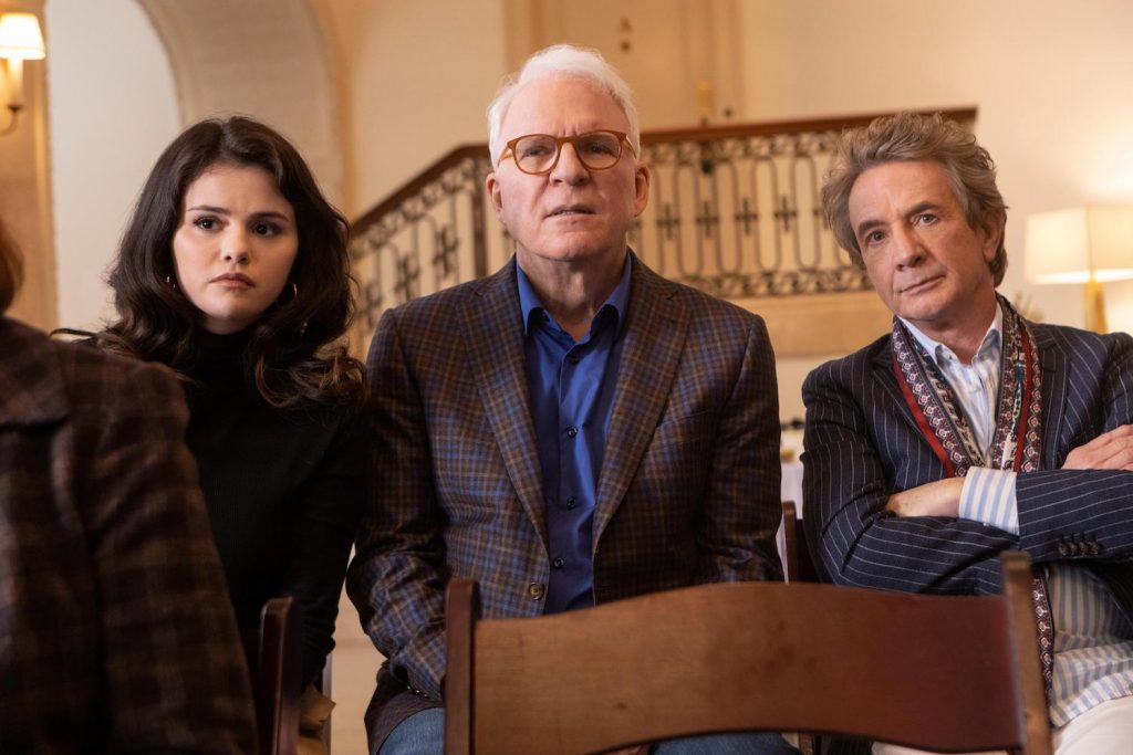 Mabel (Selena Gomez), Oliver (Martin Short), and Charles (Steve Martin) in ONLY MURDERS IN THE BUILDING. 