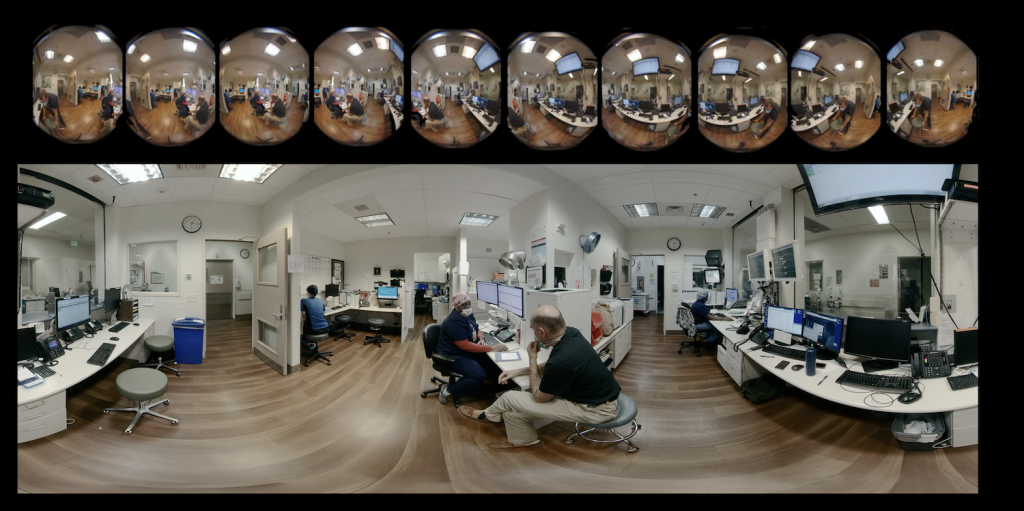 Josiah Child at nurses station, showing both the 10 ZCAM V1 lenses and final equirectangular stitch.